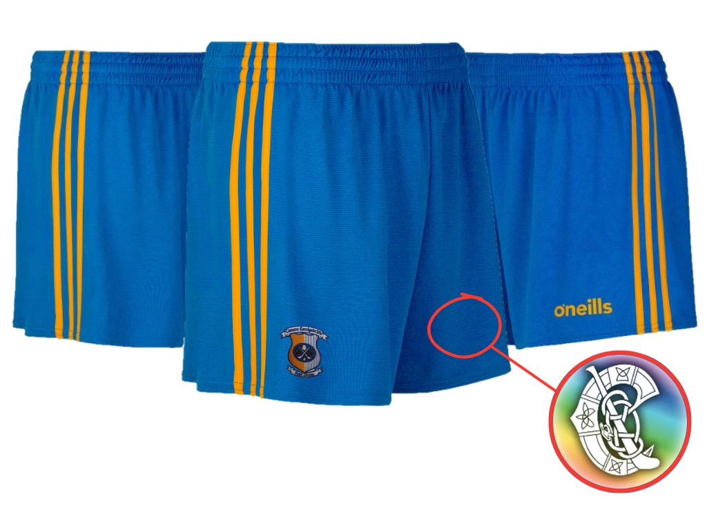 Three pairs of royal blue shorts without the Camogie Association logo.